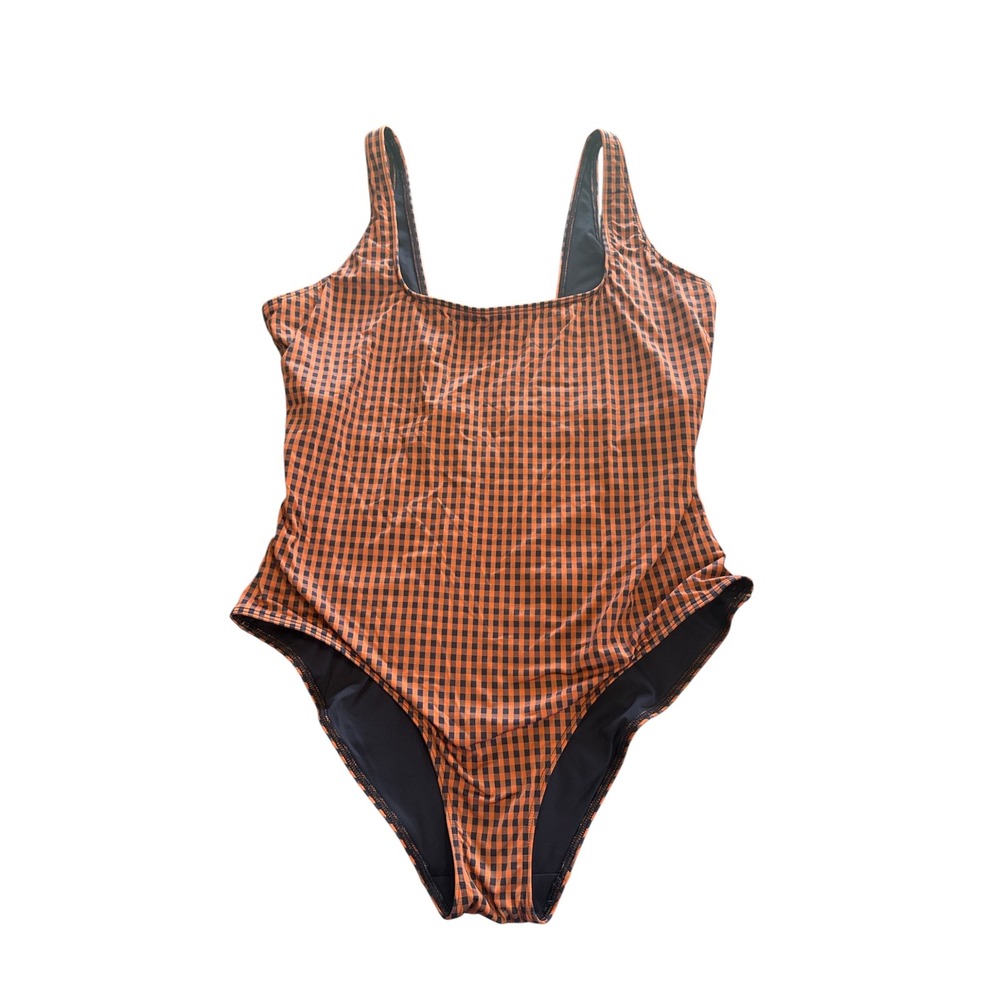 Everlane ReNew Square-Neck One-Piece Swimsuit Orange Black Gingham XL - Picture 2 of 6